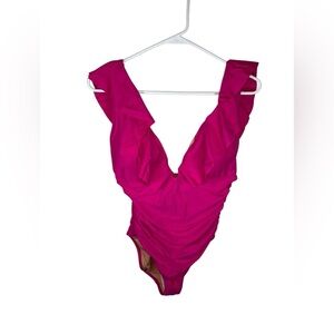 J.Crew Ruched Ruffle Deep V-Neck one piece swimsuit, hot pink size 12